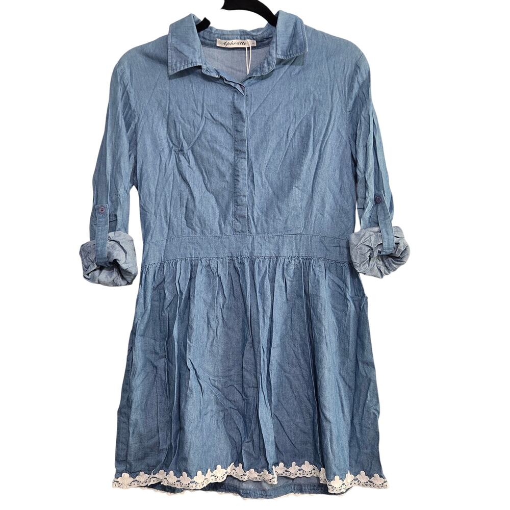 Aphratti Womens Chambray Lace Trim Roll Tab Sleeve Mini Dress Size L Cottagecore